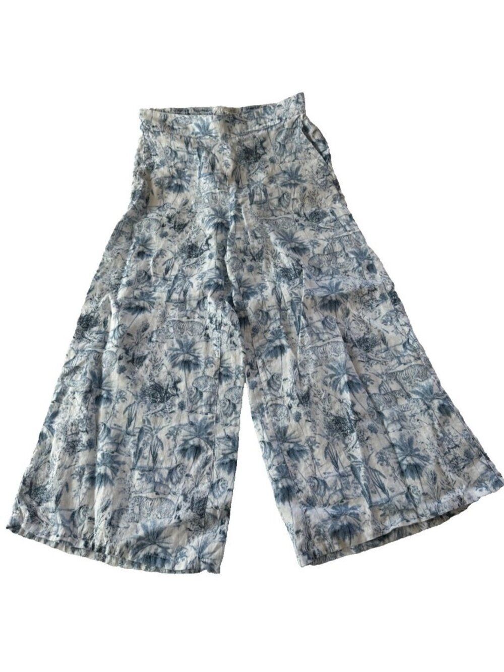 Rachel Zoe Small 100% Linen Blue White Tropical Print Wide Leg Pant Pockets